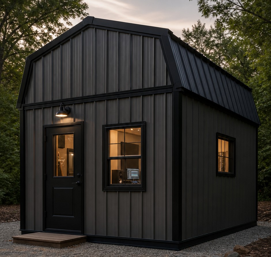 Exterior of PCH Studio at dusk, a black standalone studio building